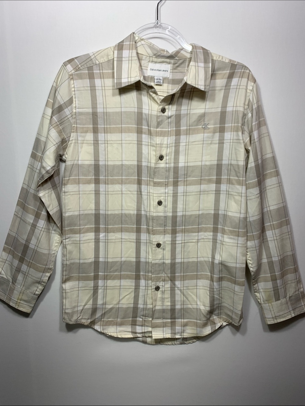 Calvin Klein Tan and Cream Plaid Button-Down Shirt